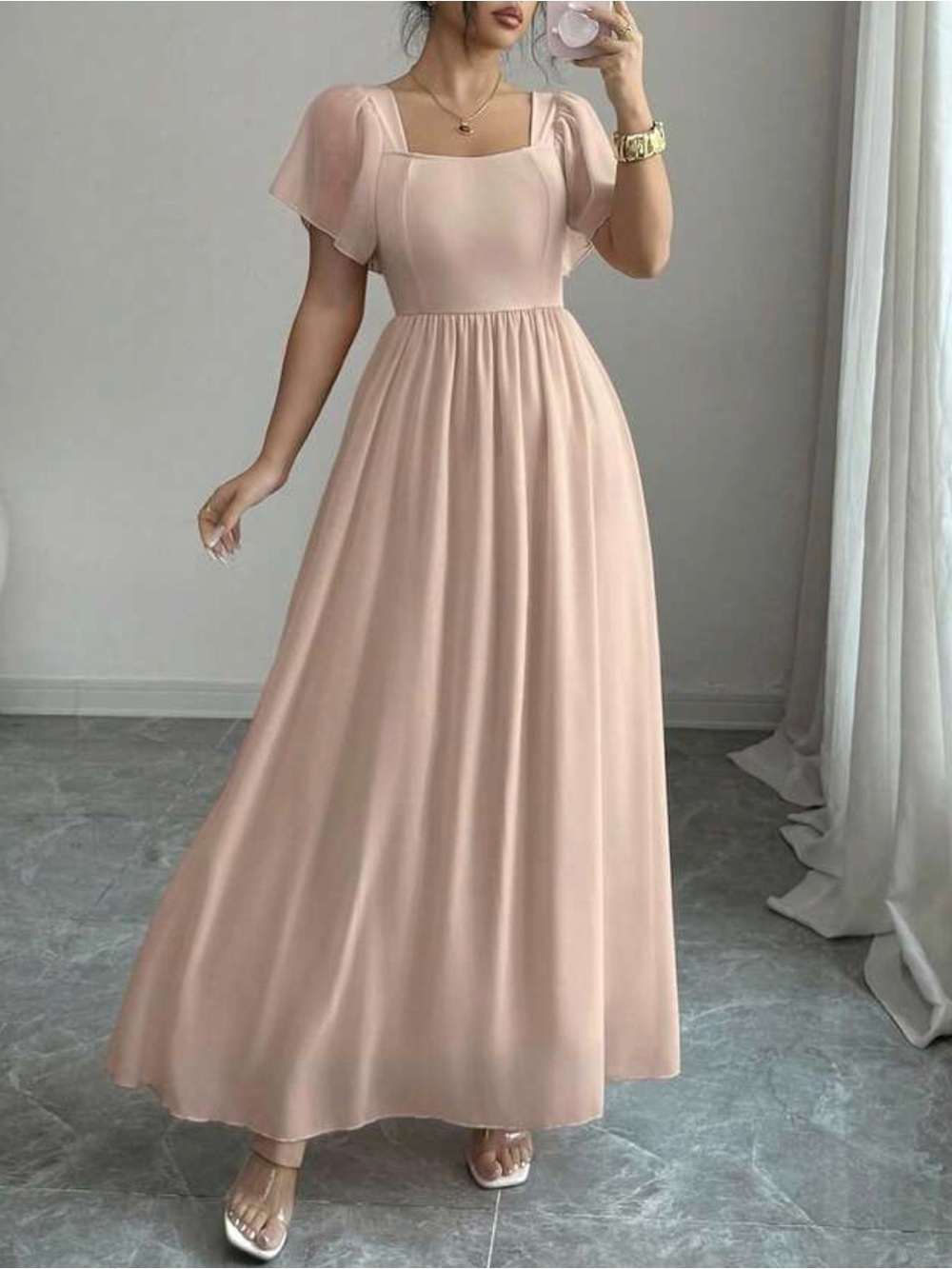 Elegant Square-Neck Chiffon Maxi Dress - Blush Pink